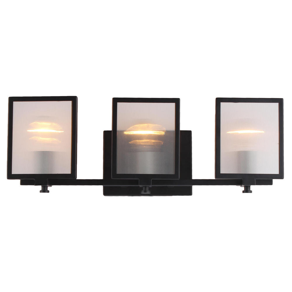 3 LT Bath/Vanity Light w/ Black Finish, Clear Reeded Glass Shade & Chrome Socket Holders