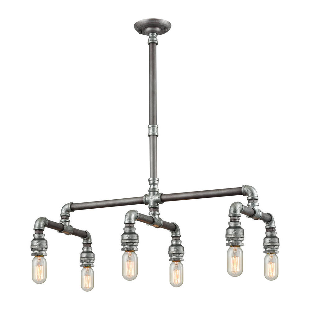 Cast Iron Pipe 6-Light Chandelier in Weathered Zinc (Optional Shades Available)